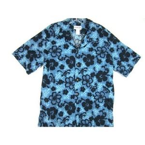 Hawaiian Aloha Line shirt, mens Hawaii Blue Hibiscus, Luau Camp Large